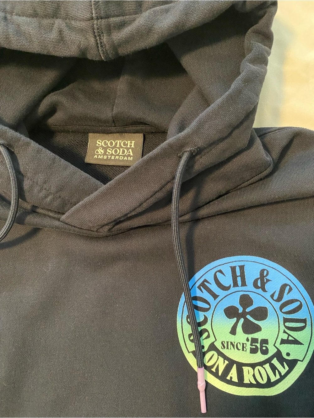 Scotch & Soda Black Crewneck Hoodie with Rainbow Logo and Sleeve Print